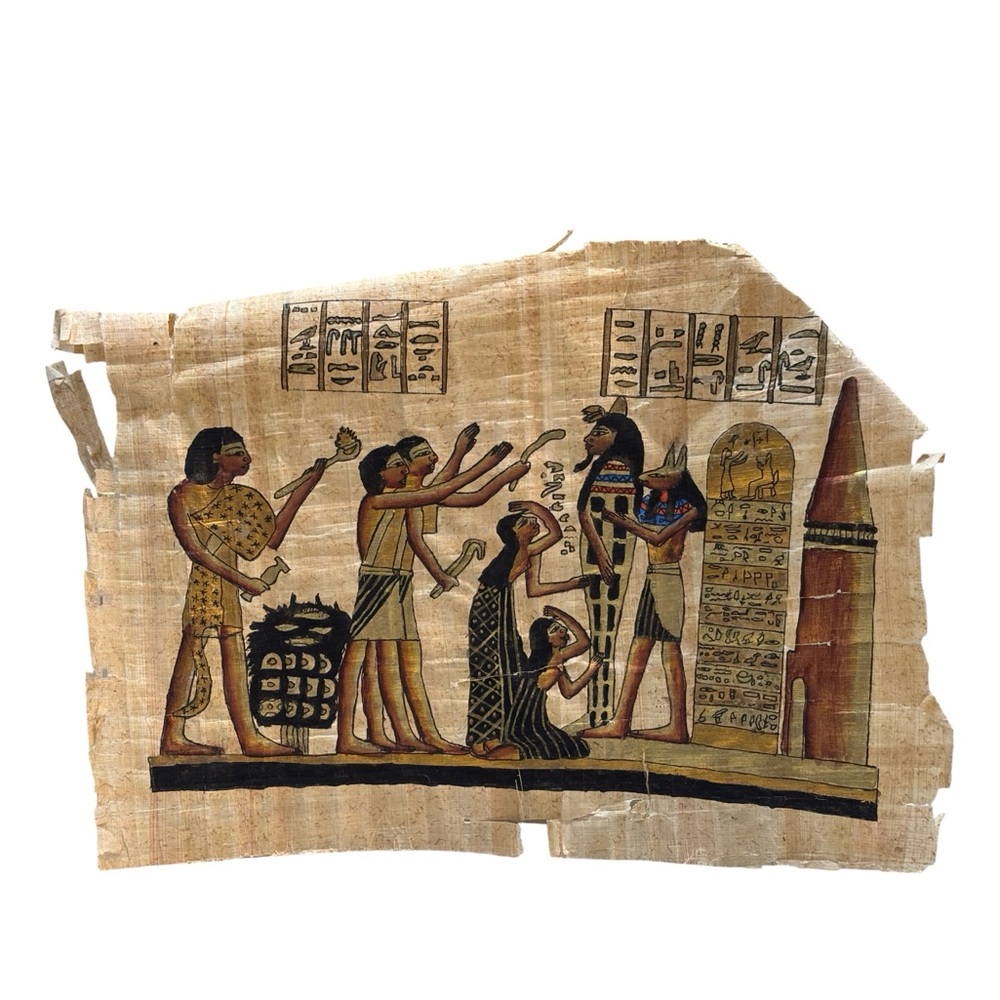 Vintage Egyptian pharaoh Papyrus Artwork Ancient Hieroglyphic Scene Hand-Painted